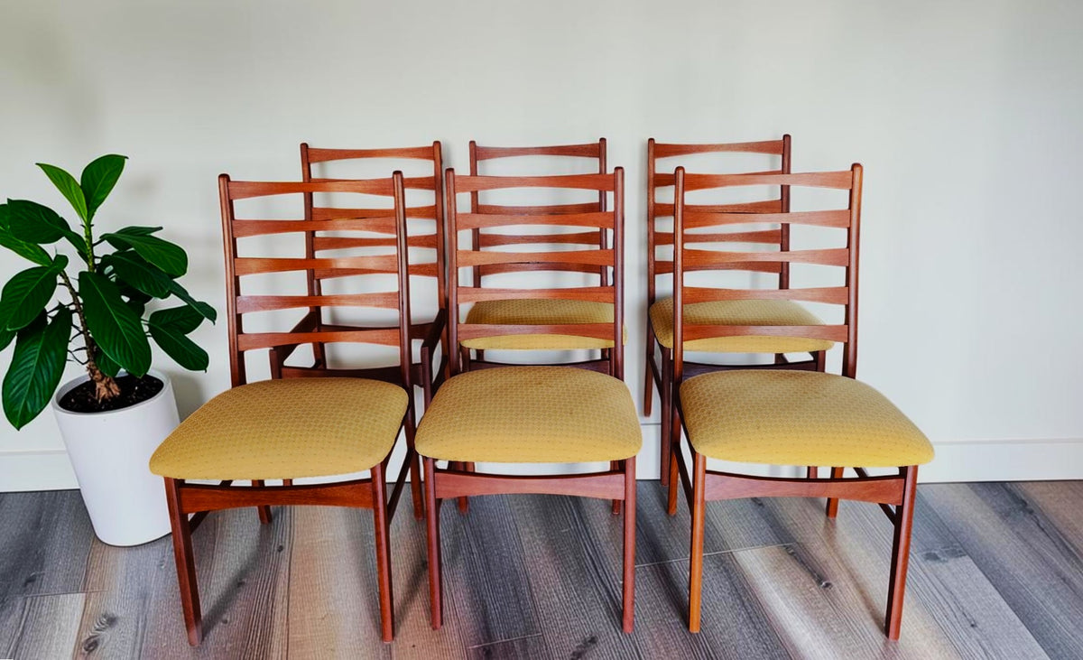 6 REFINISHED Danish MCM Teak Ladder-Back Chairs will be REUPHOLSTERED