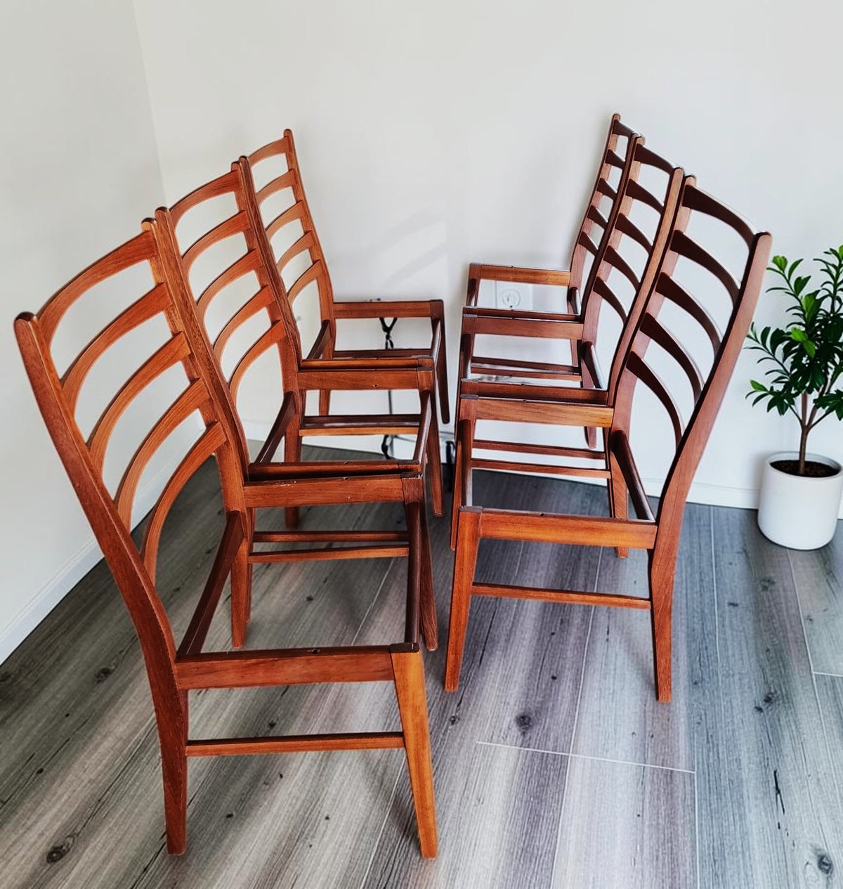 6 REFINISHED Danish MCM Teak Ladder-Back Chairs will be REUPHOLSTERED