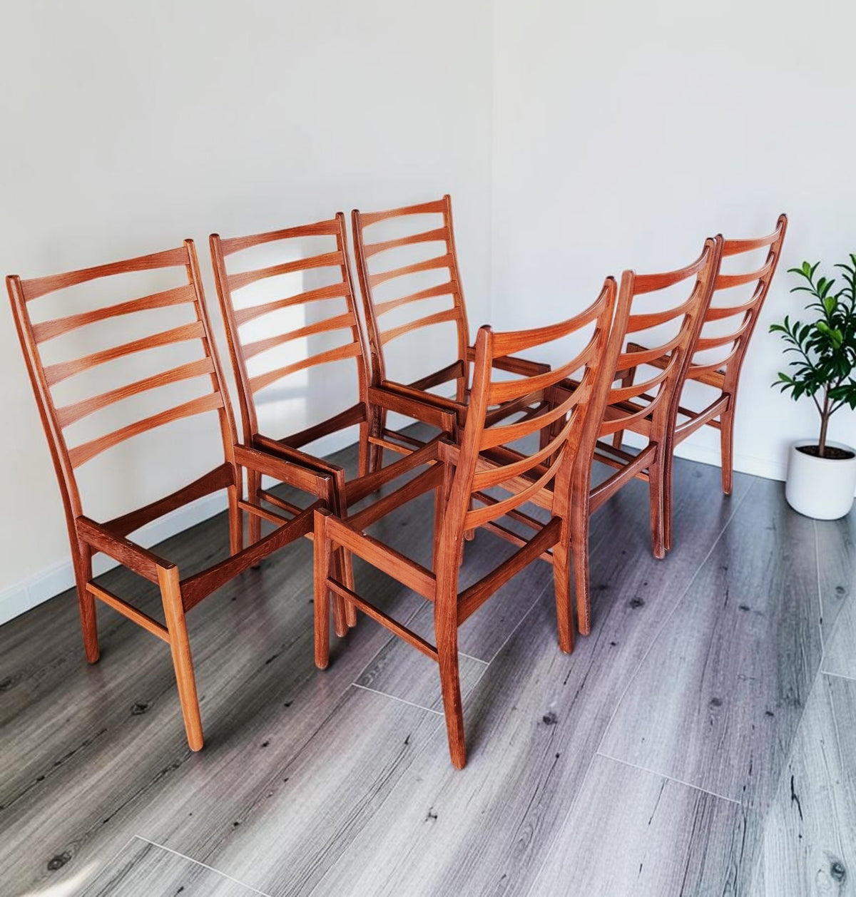 6 REFINISHED Danish MCM Teak Ladder-Back Chairs will be REUPHOLSTERED