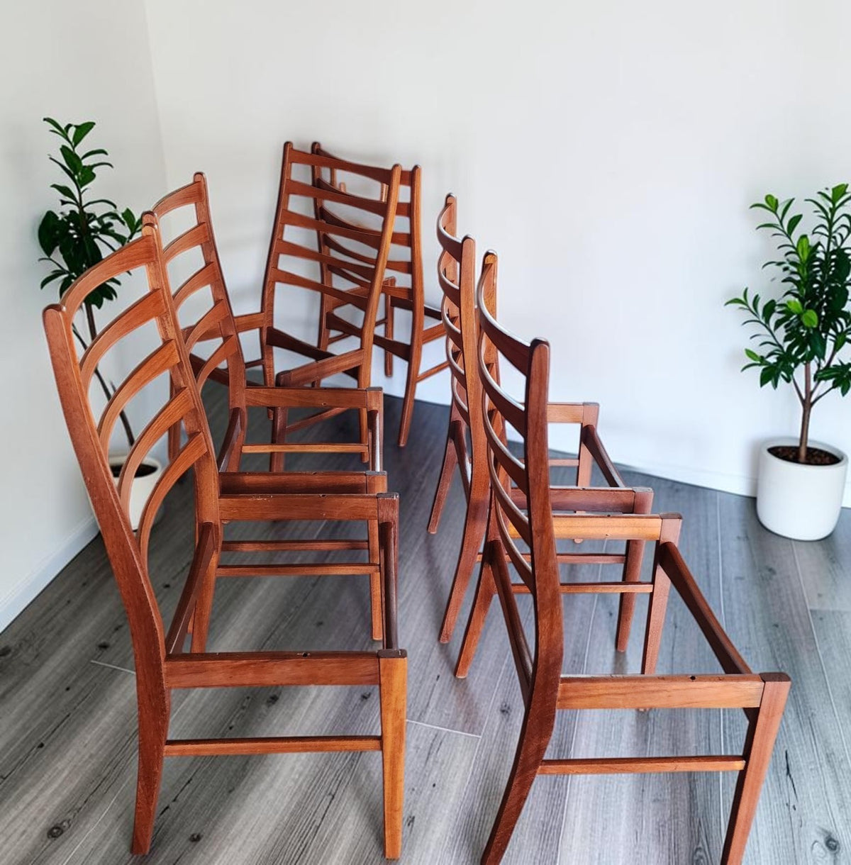 6 REFINISHED Danish MCM Teak Ladder-Back Chairs will be REUPHOLSTERED