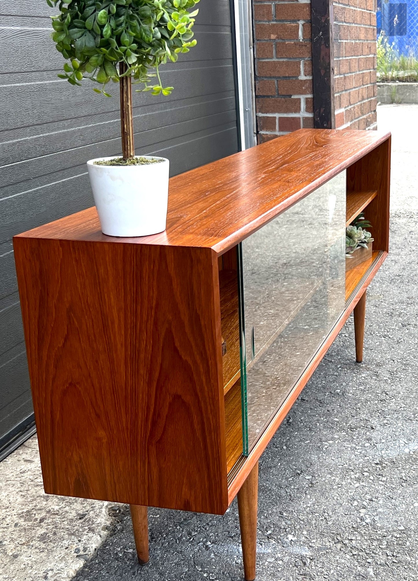 REFINISHED Danish MCM Teak Display by Faarup w Finished Back 59"