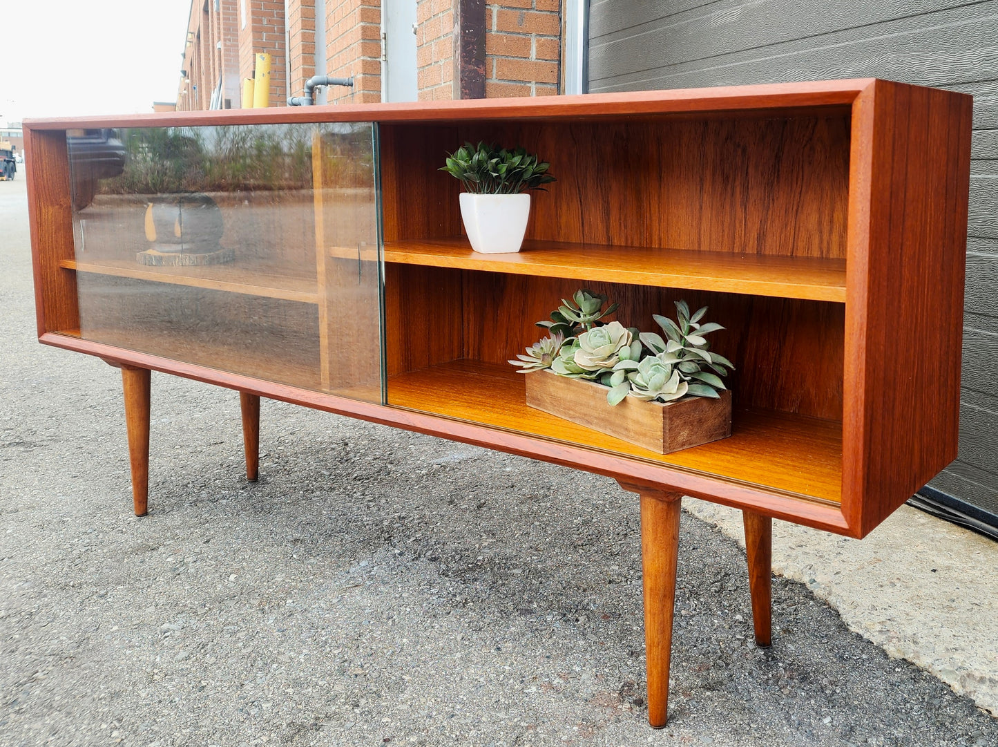 REFINISHED Danish MCM Teak Display by Faarup w Finished Back 59"