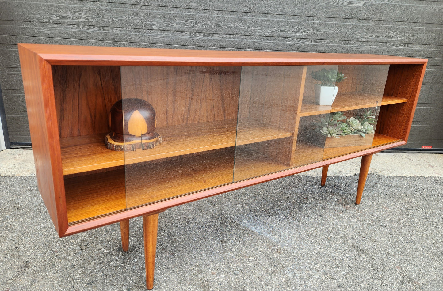 REFINISHED Danish MCM Teak Display by Faarup w Finished Back 59"