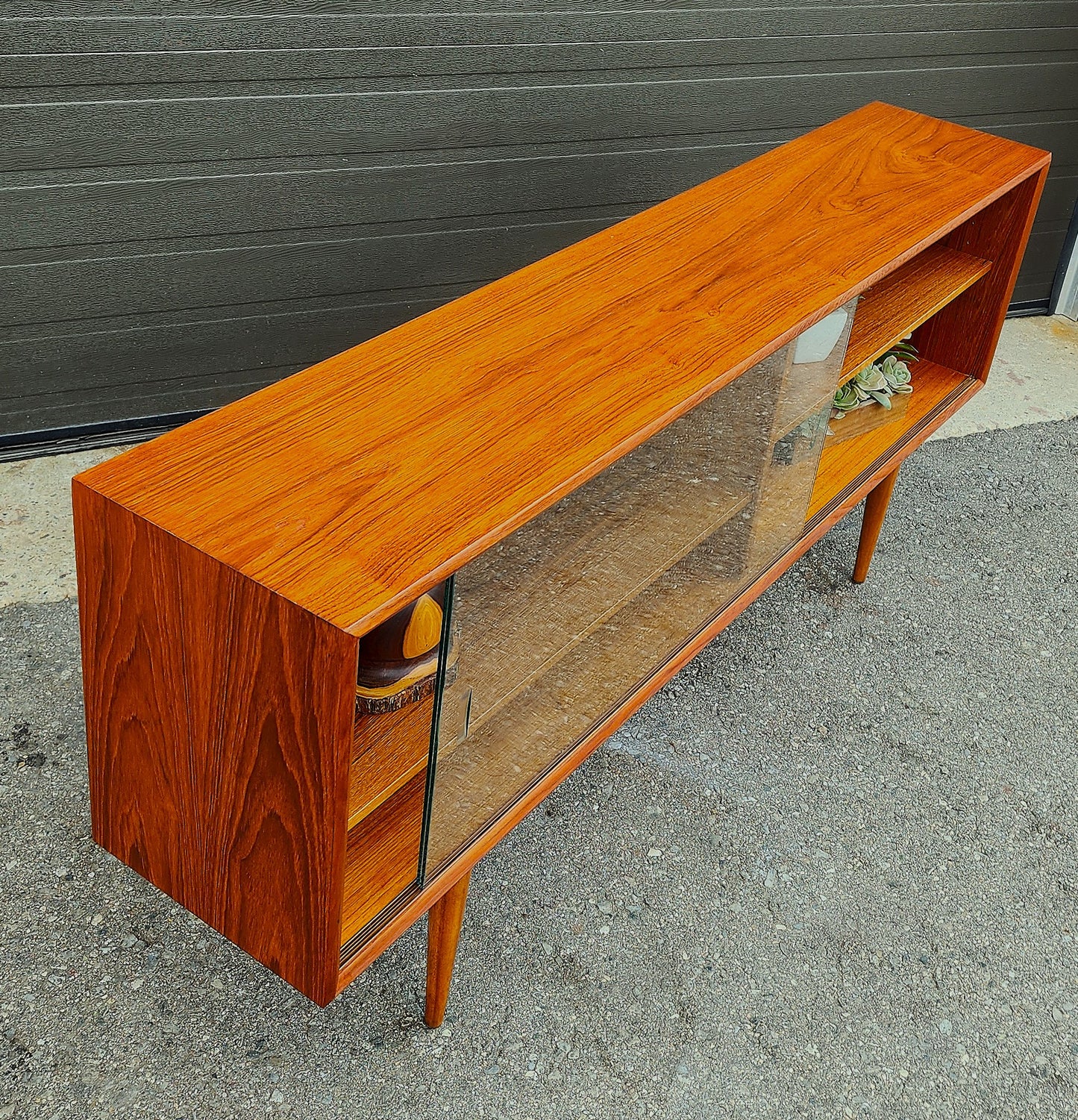 REFINISHED Danish MCM Teak Display by Faarup w Finished Back 59"