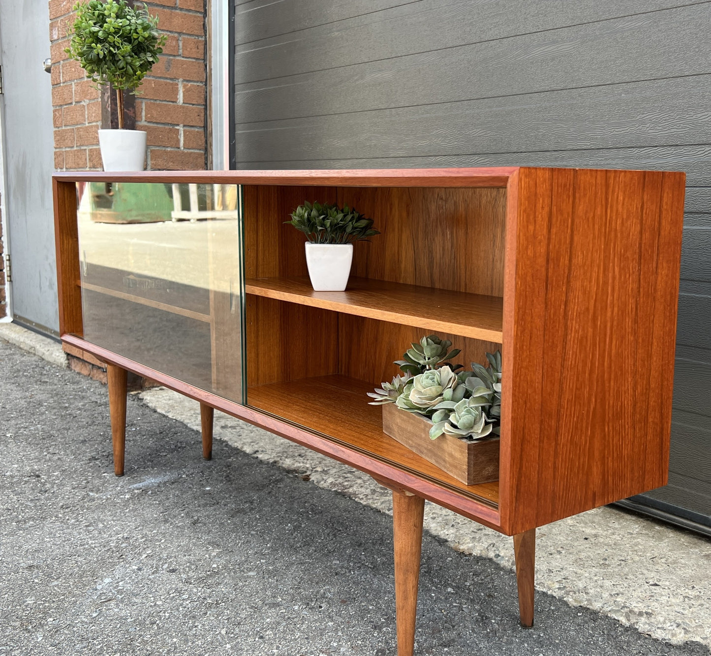 REFINISHED Danish MCM Teak Display by Faarup w Finished Back 59"