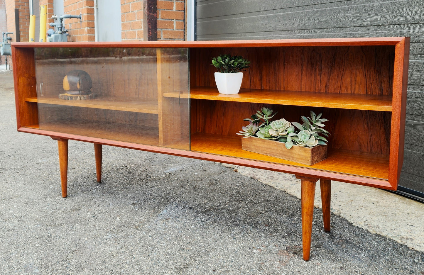 REFINISHED Danish MCM Teak Display by Faarup w Finished Back 59"