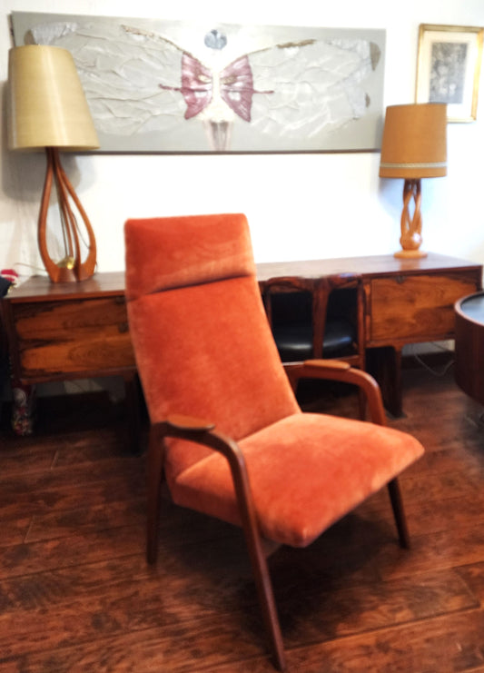 REFINISHED Danish Mid Century Modern Teak Lounge Chair w New Wool Mohair Upholstery