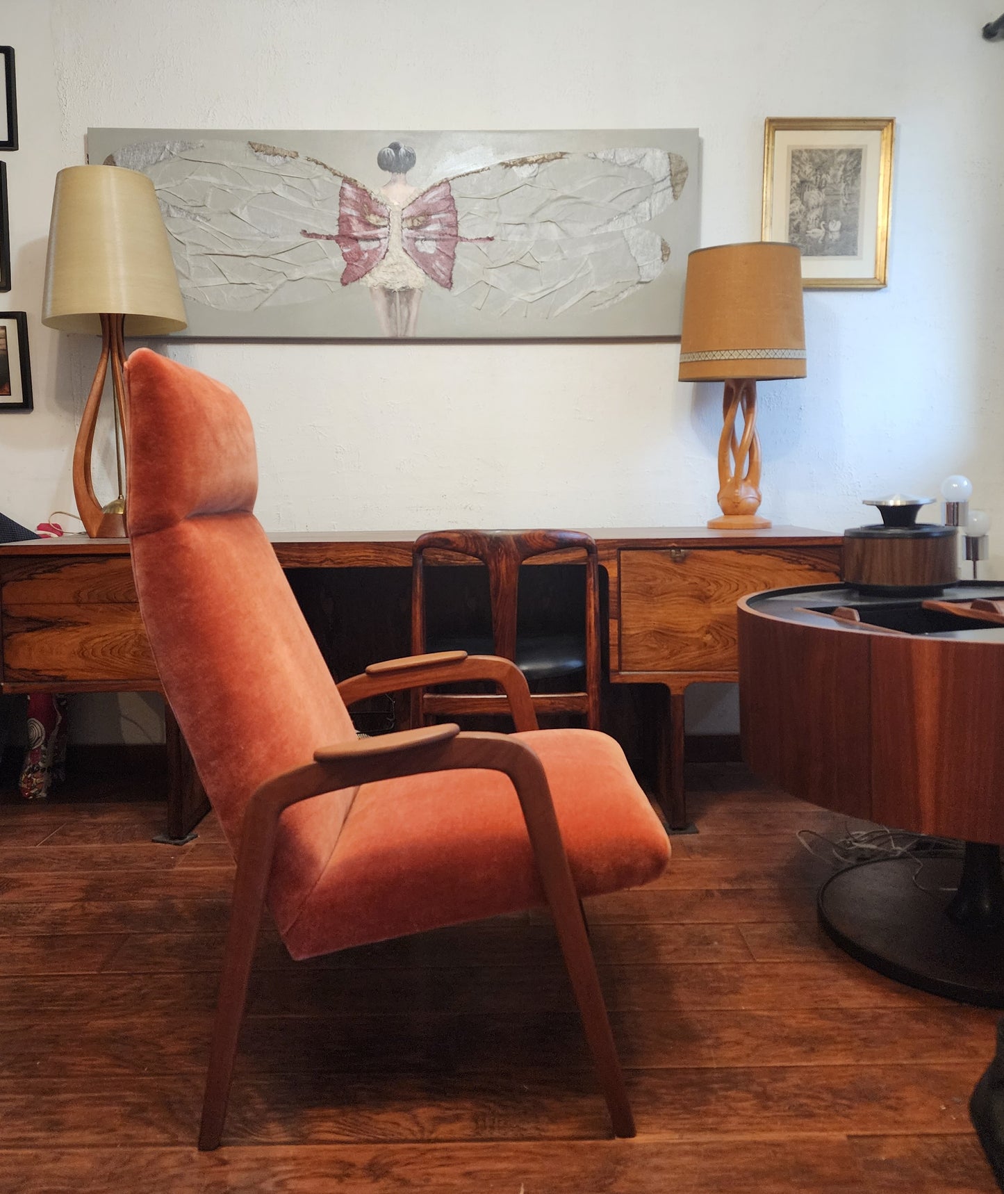 REFINISHED Danish Mid Century Modern Teak Lounge Chair w New Wool Mohair Upholstery