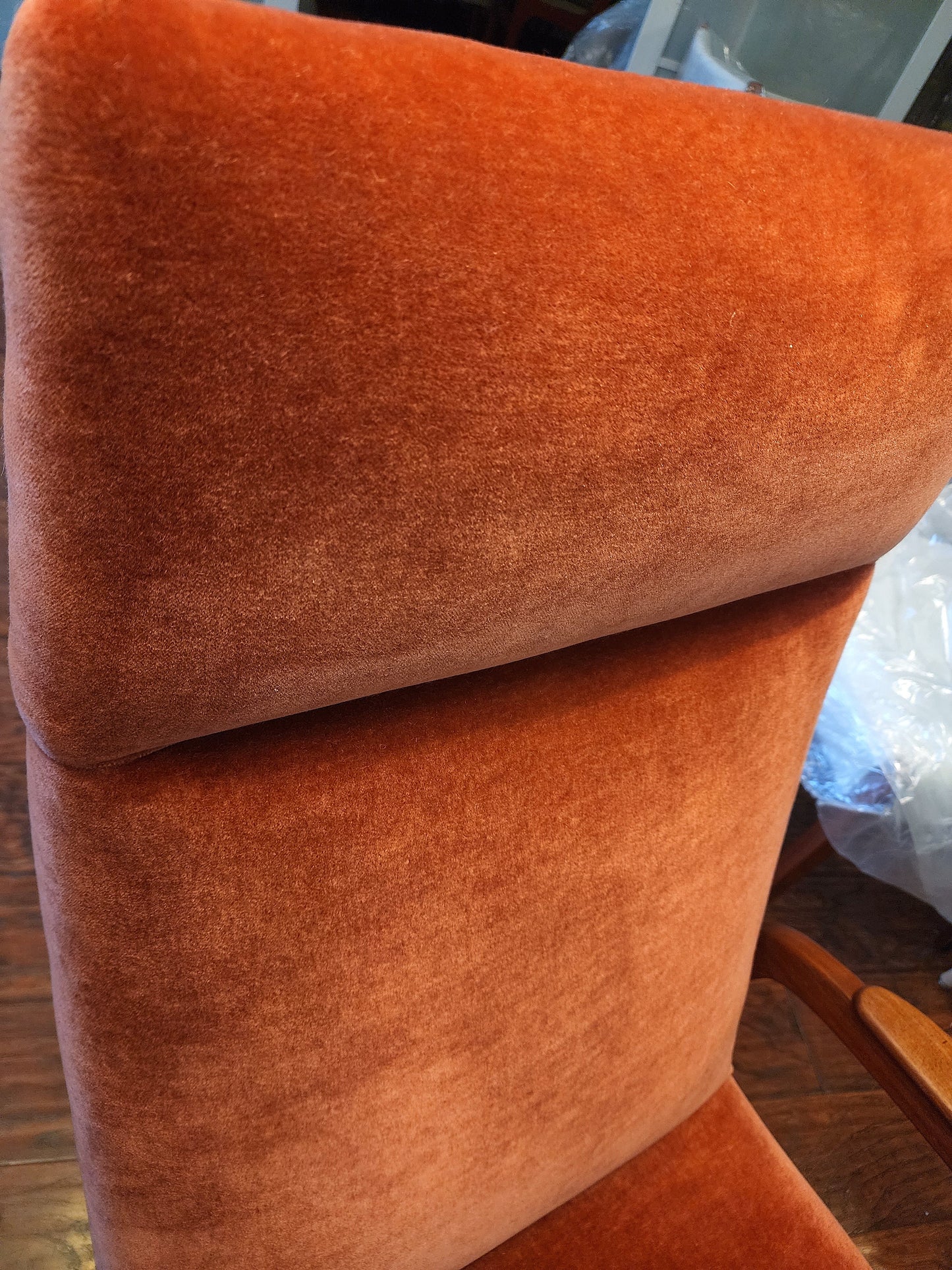 REFINISHED Danish Mid Century Modern Teak Lounge Chair w New Wool Mohair Upholstery