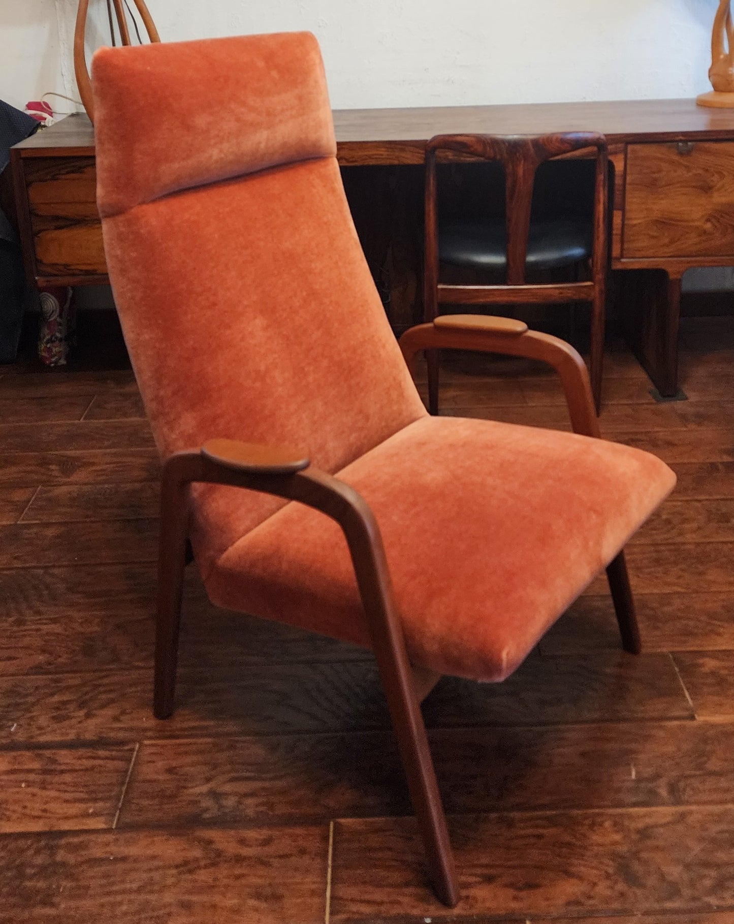 REFINISHED Danish Mid Century Modern Teak Lounge Chair w New Wool Mohair Upholstery