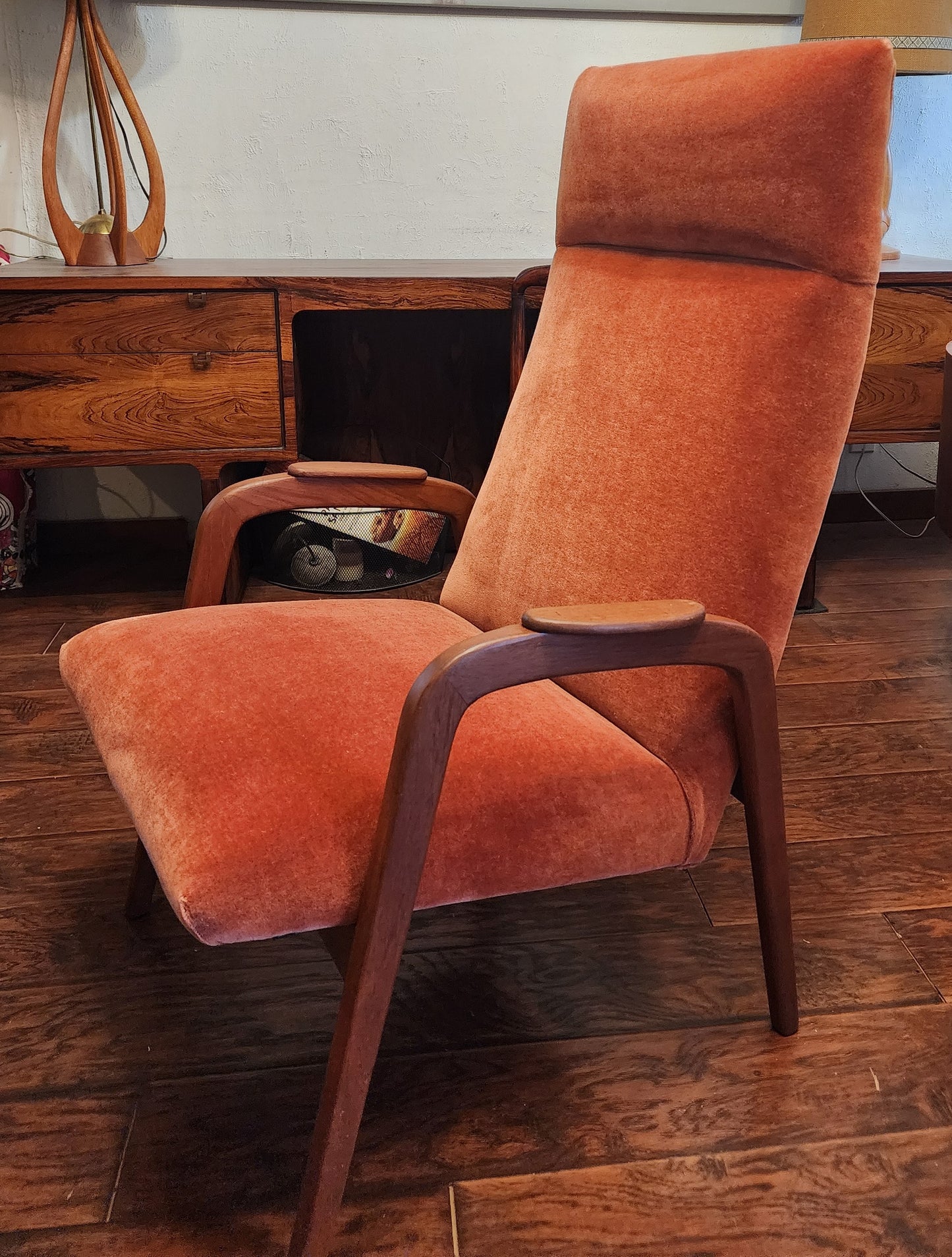 REFINISHED Danish Mid Century Modern Teak Lounge Chair w New Wool Mohair Upholstery