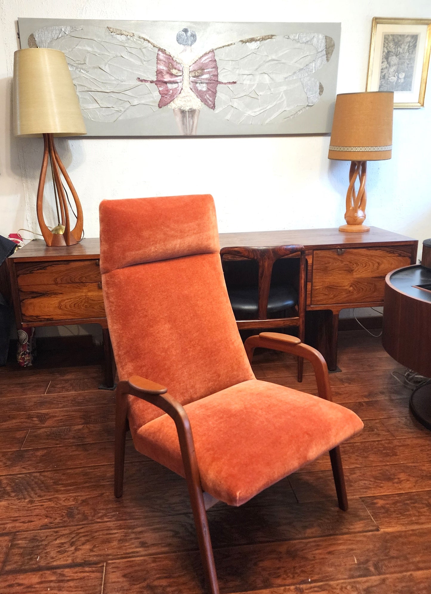 REFINISHED Danish Mid Century Modern Teak Lounge Chair w New Wool Mohair Upholstery