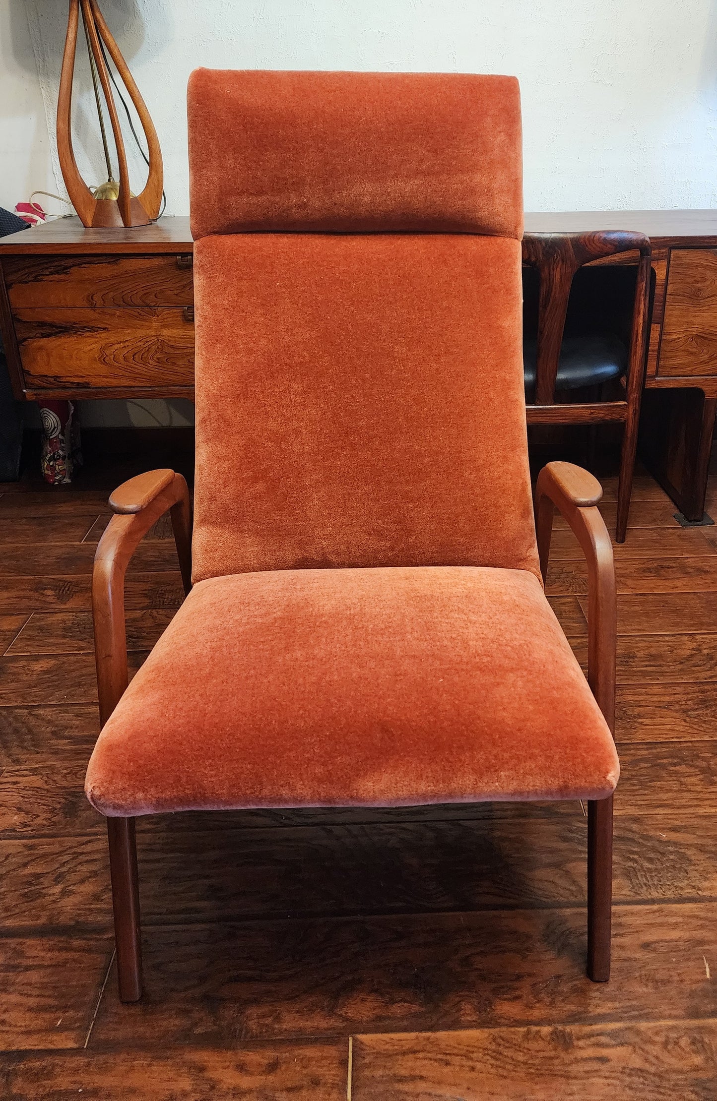 REFINISHED Danish Mid Century Modern Teak Lounge Chair w New Wool Mohair Upholstery