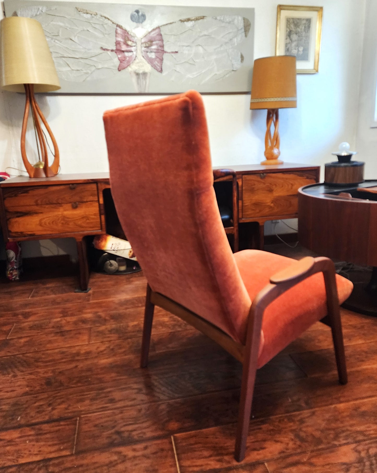 REFINISHED Danish Mid Century Modern Teak Lounge Chair w New Wool Mohair Upholstery
