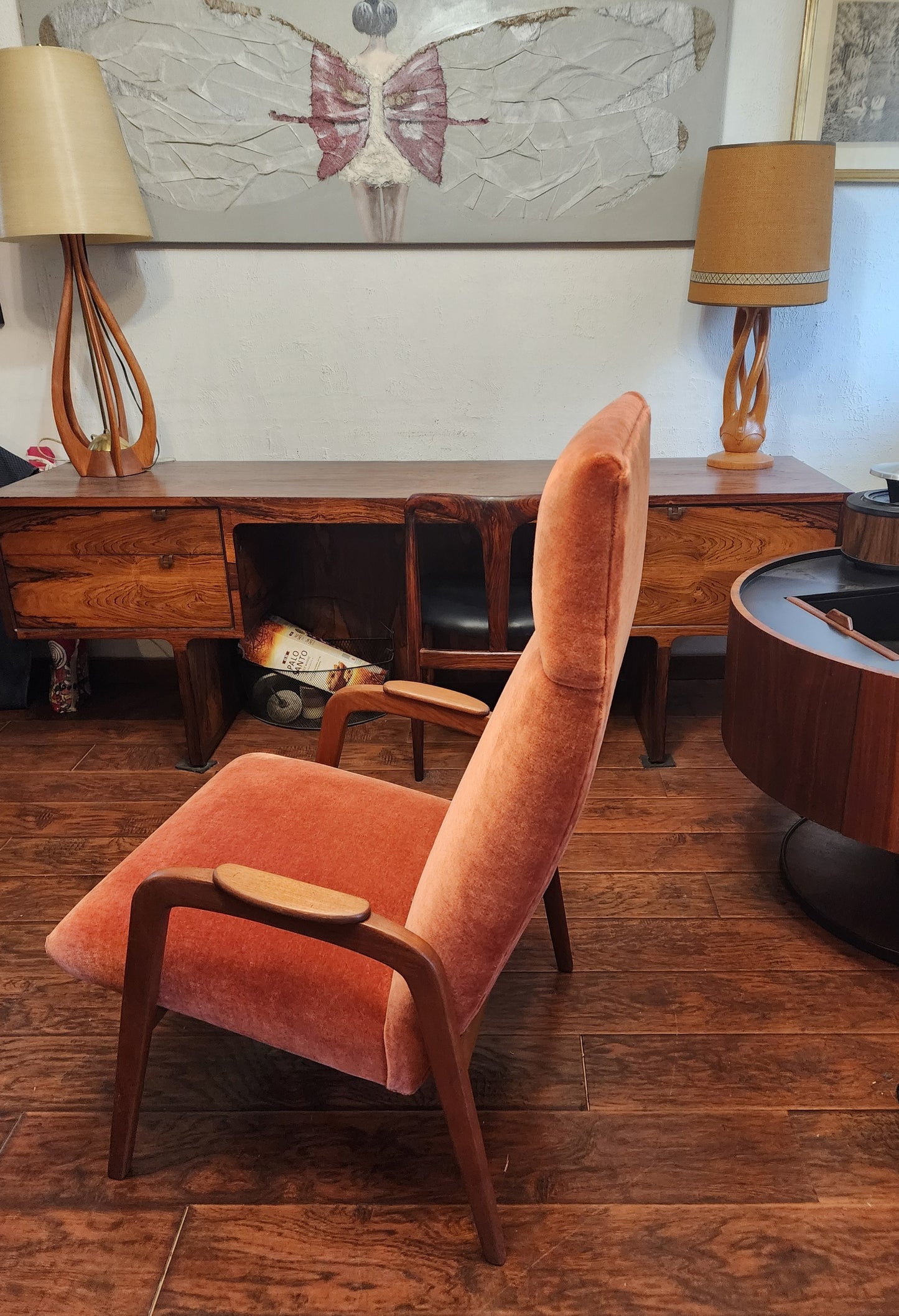 REFINISHED Danish Mid Century Modern Teak Lounge Chair w New Wool Mohair Upholstery