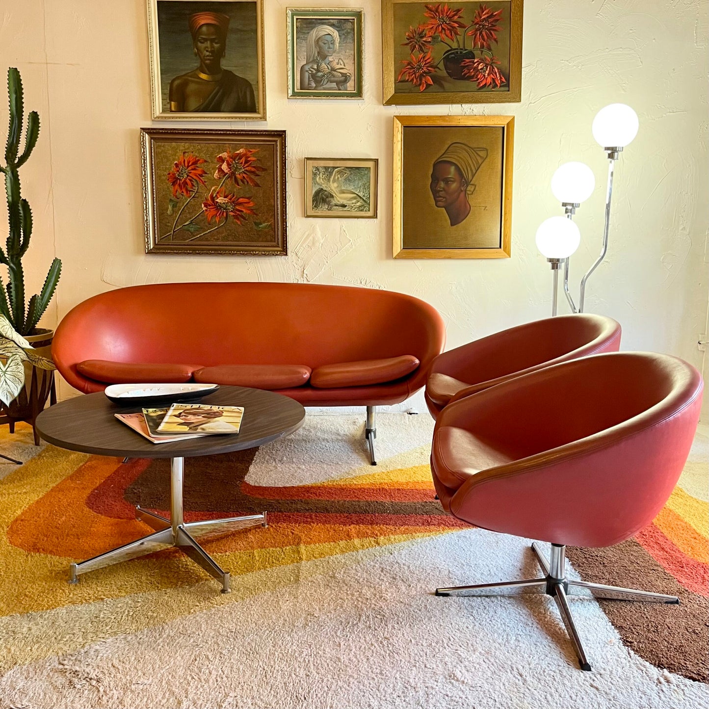 2 Mid Century Modern Pod Chairs by Overman with free Foot Stools