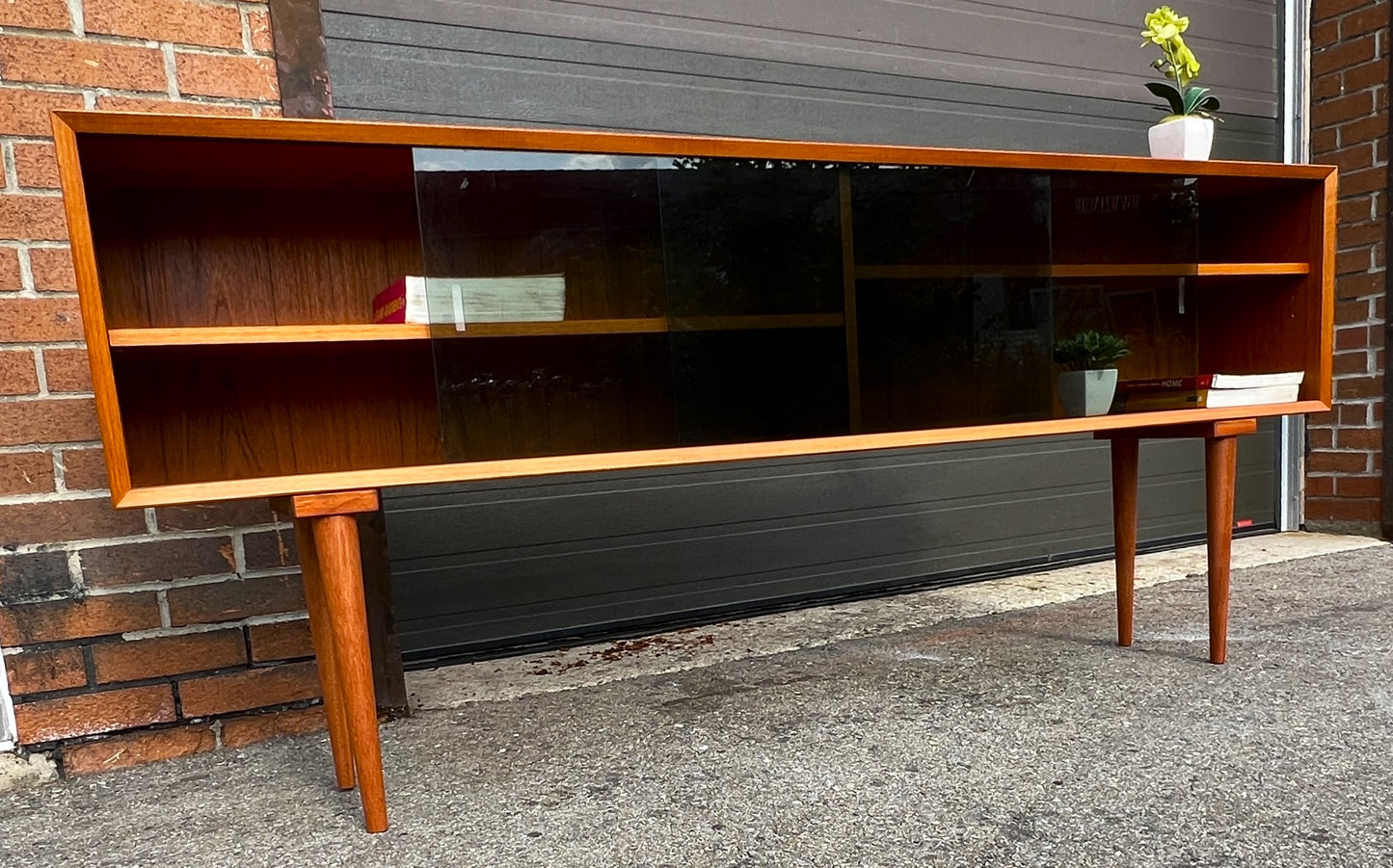 RESTORED Danish Mid Century Modern Teak Display w Finished Back 72.75"