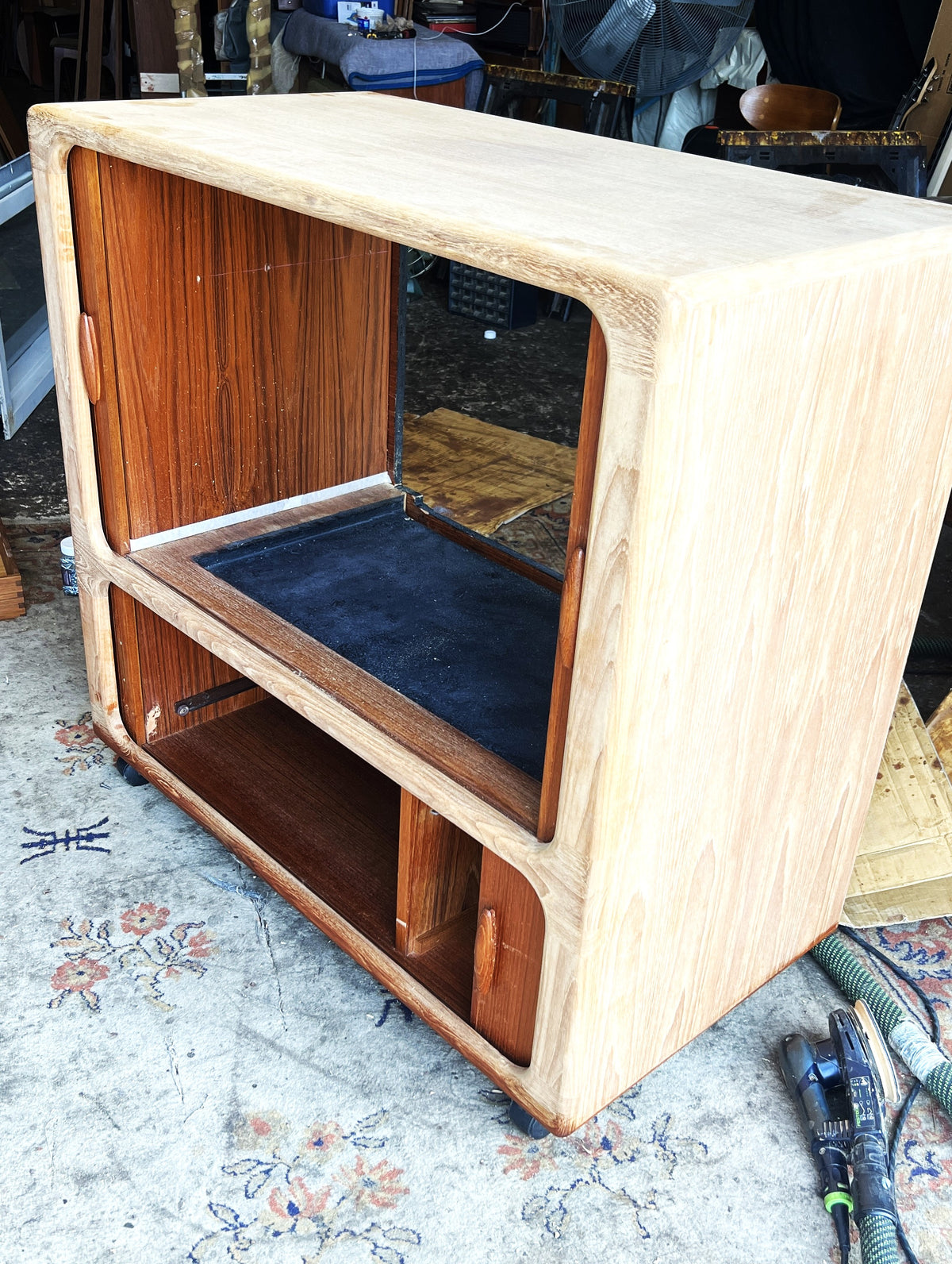REFINISHED Danish MCM Teak Double Tambour Rolling Cabinet by DYRLUND 41.25