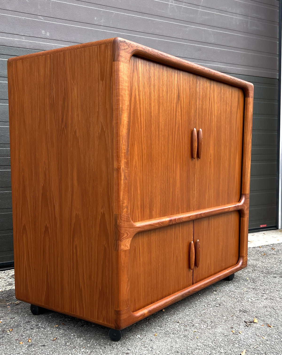 REFINISHED Danish MCM Teak Double Tambour Rolling Cabinet by DYRLUND 41.25