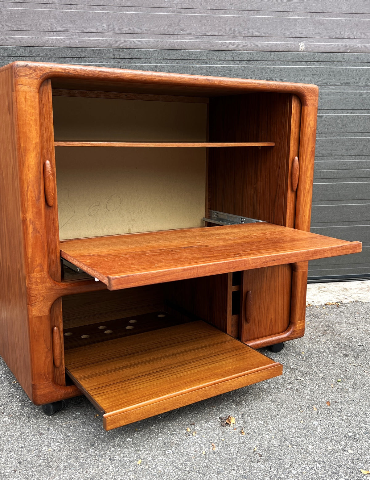 REFINISHED Danish MCM Teak Double Tambour Rolling Cabinet by DYRLUND 41.25