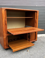 REFINISHED Danish MCM Teak Double Tambour Rolling Cabinet by DYRLUND 41.25