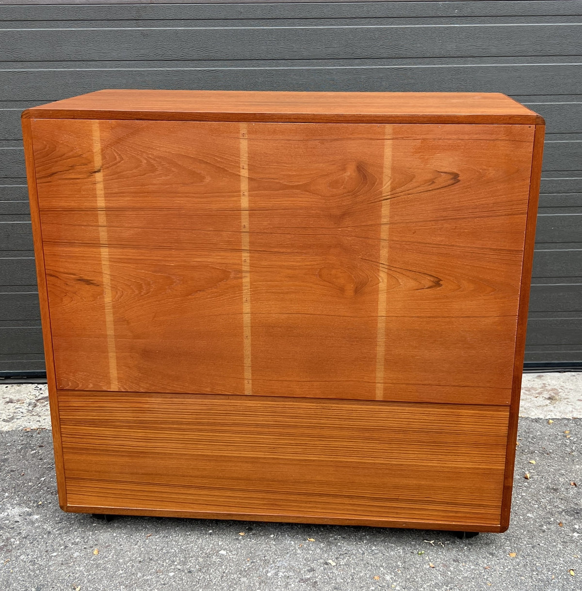 REFINISHED Danish MCM Teak Double Tambour Rolling Cabinet by DYRLUND 41.25