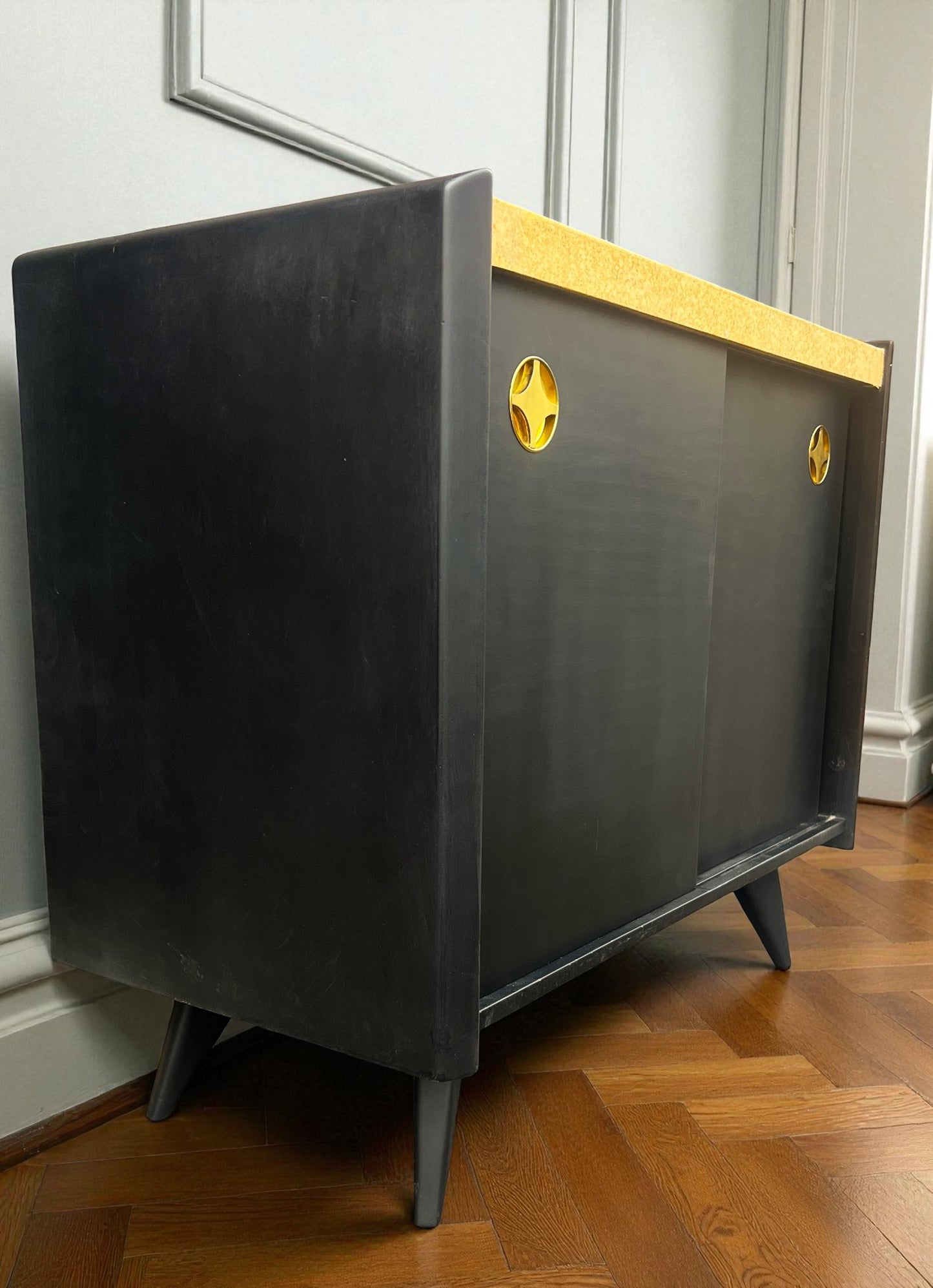 Coming***REFINISHED R. Spanner PASADENA Table, Buffet and Server w Cork Tops & 4 Chairs