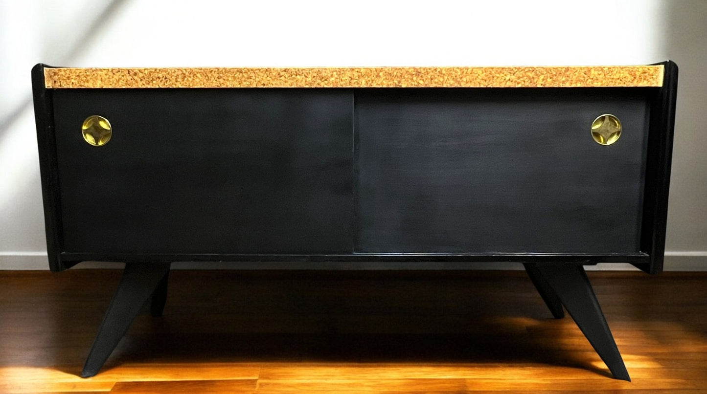 Coming***REFINISHED R. Spanner PASADENA Table, Buffet and Server w Cork Tops & 4 Chairs