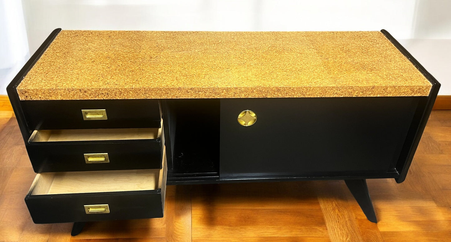 Coming***REFINISHED R. Spanner PASADENA Table, Buffet and Server w Cork Tops & 4 Chairs