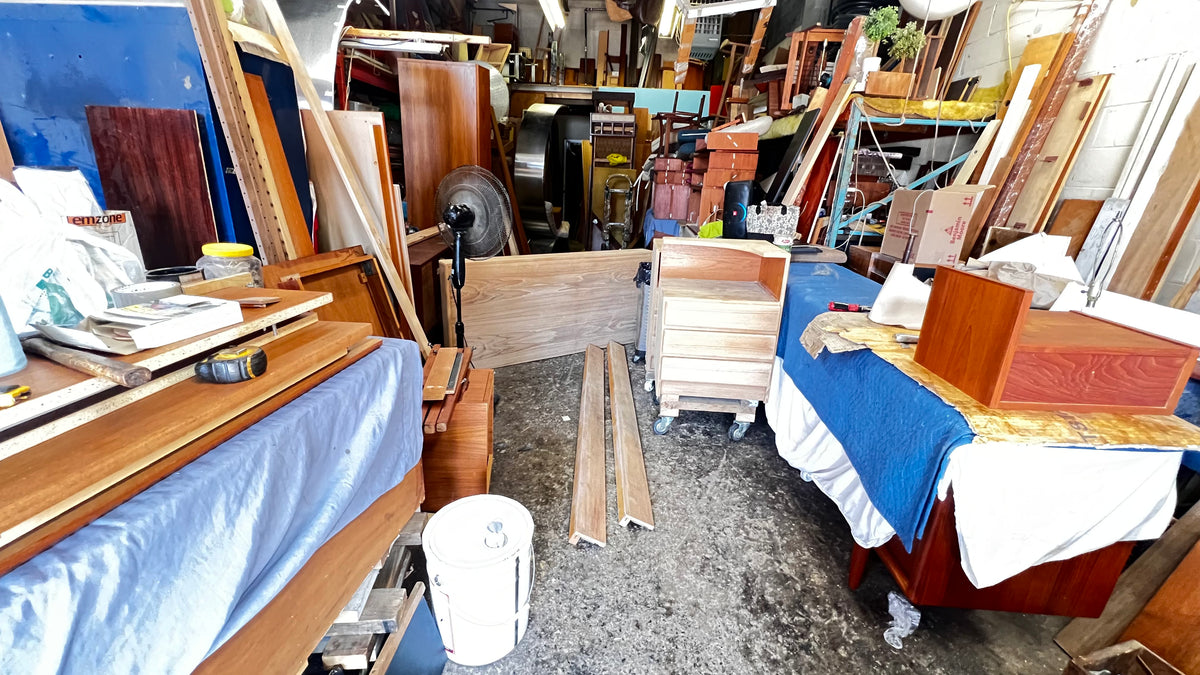 REFINISHED Mid Century Modern Teak Queen Bed w Nightstands
