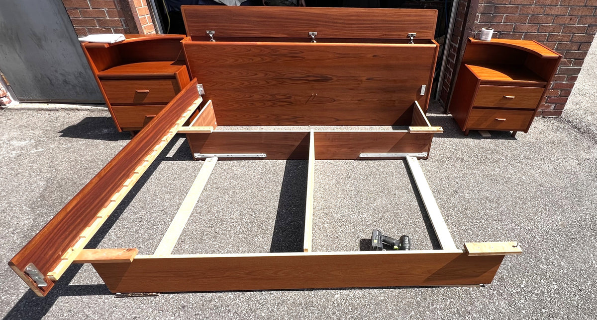 REFINISHED Mid Century Modern Teak King Bed w 2 Night Stands & Storage Drawers