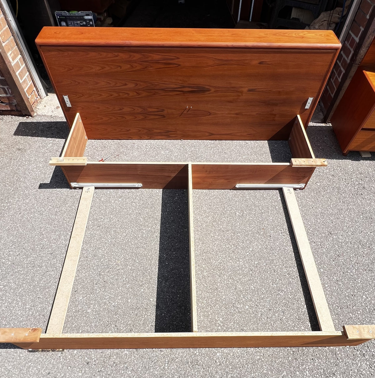 REFINISHED Mid Century Modern Teak King Bed w 2 Night Stands & Storage Drawers