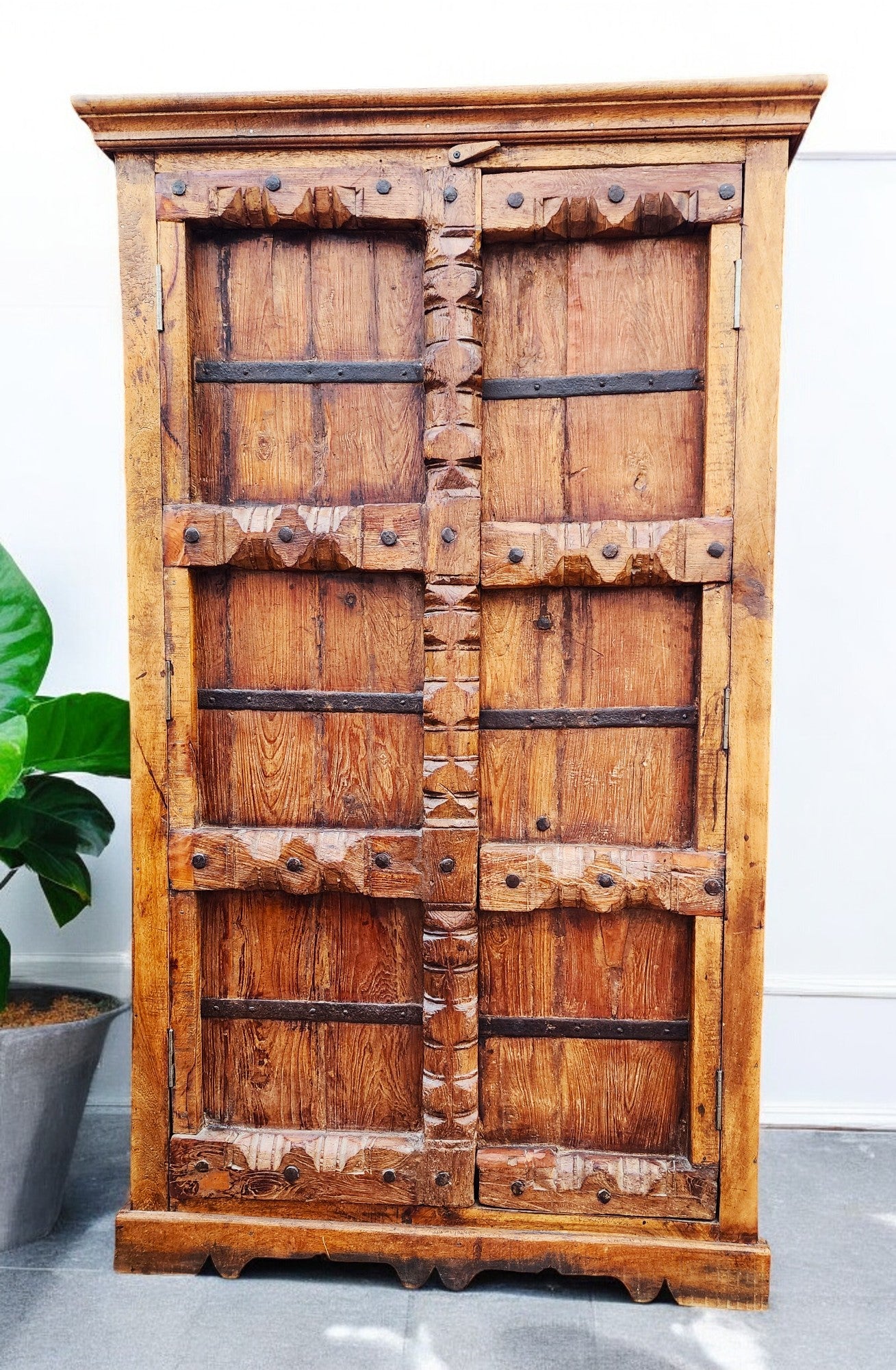 Indian 19th C Gujarat Teak Armoire w Iron Braces & Carved Columns (inside can be customized)