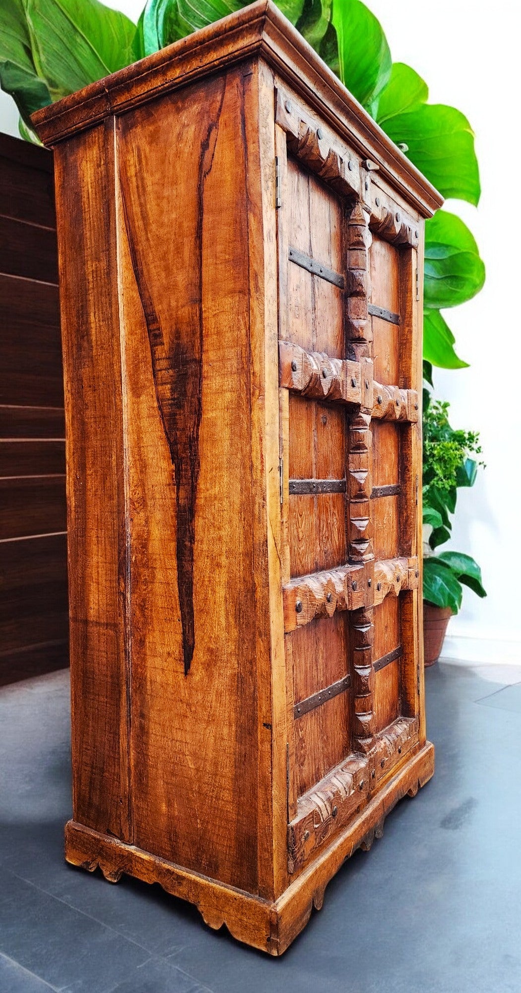 Indian 19th C Gujarat Teak Armoire w Iron Braces & Carved Columns (inside can be customized)