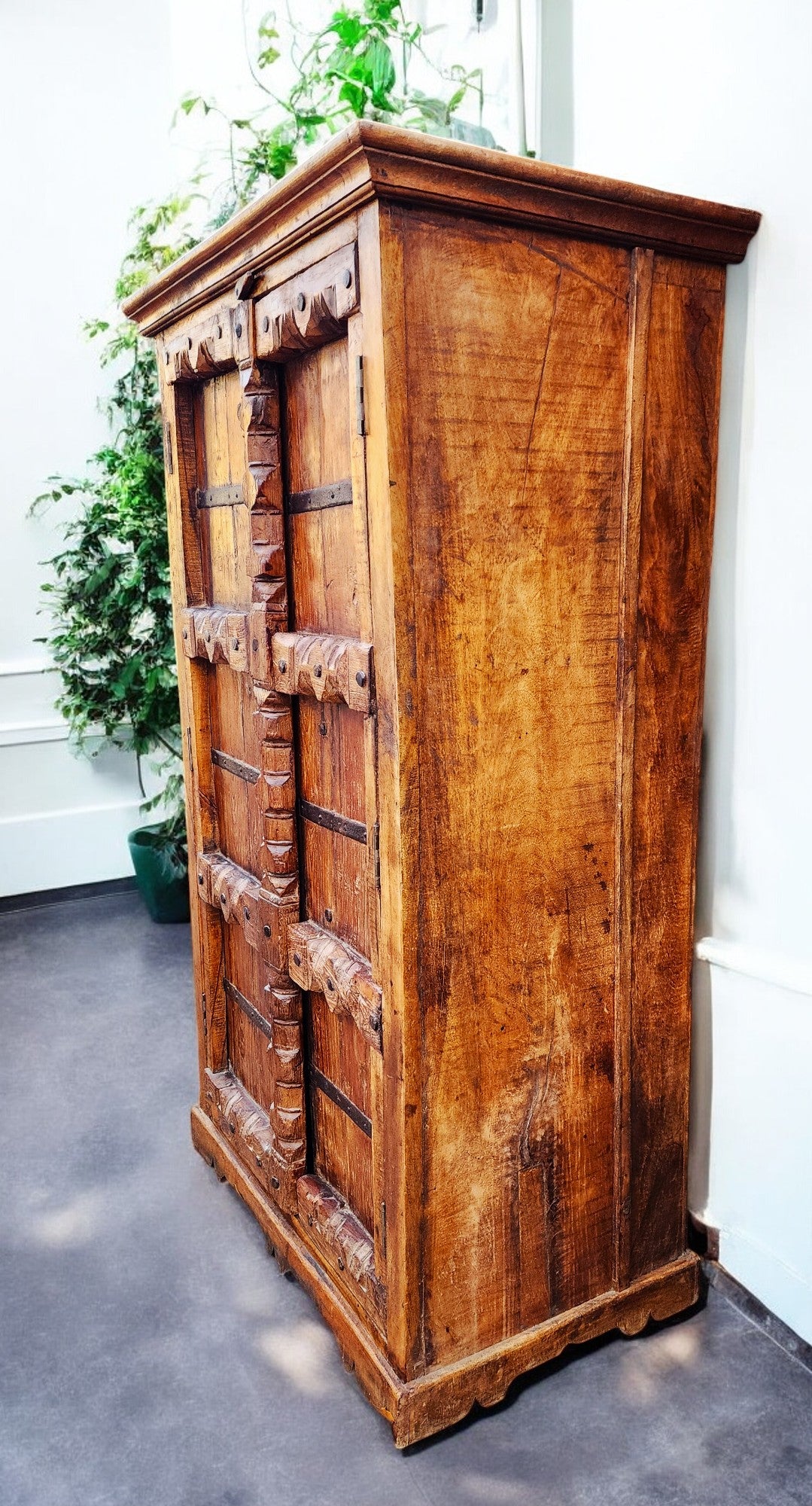 Indian 19th C Gujarat Teak Armoire w Iron Braces & Carved Columns (inside can be customized)