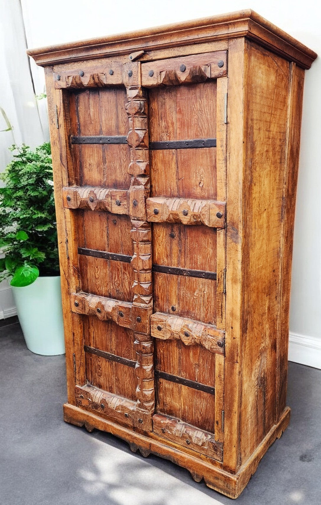 Indian 19th C Gujarat Teak Armoire w Iron Braces & Carved Columns (inside can be customized)