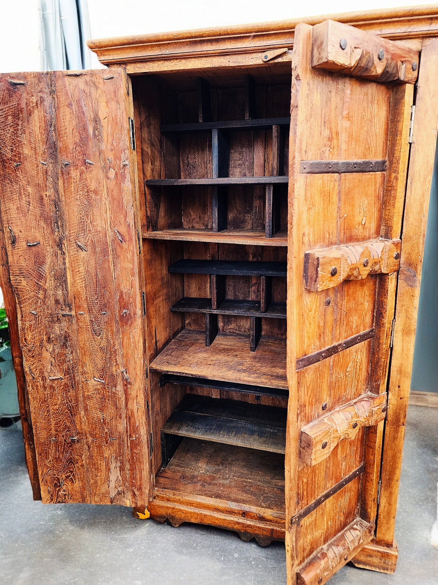 Indian 19th C Gujarat Teak Armoire w Iron Braces & Carved Columns (inside can be customized)