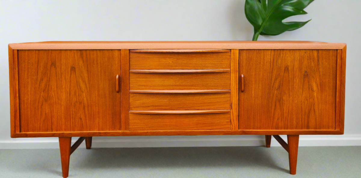 REFINISHED Danish Mid Century Modern Teak Tambour Credenza by Kofod Larsen 83