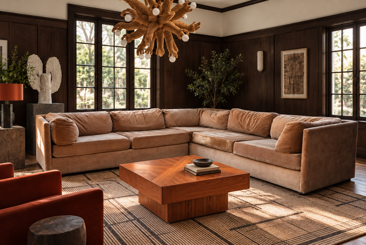 MCM Selig L-Shaped Sectional Sofa Playpen Style, Iconic Camel Velvet