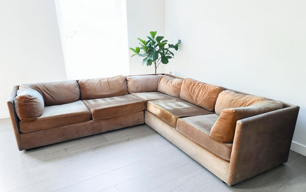 MCM Selig L-Shaped Sectional Sofa Playpen Style, Iconic Camel Velvet