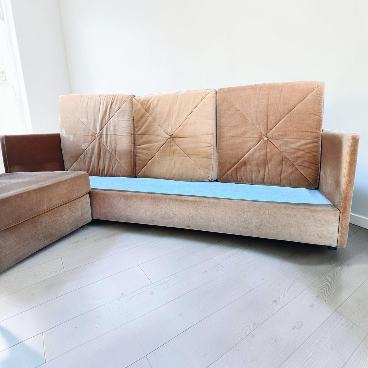 MCM Selig L-Shaped Sectional Sofa Playpen Style, Iconic Camel Velvet