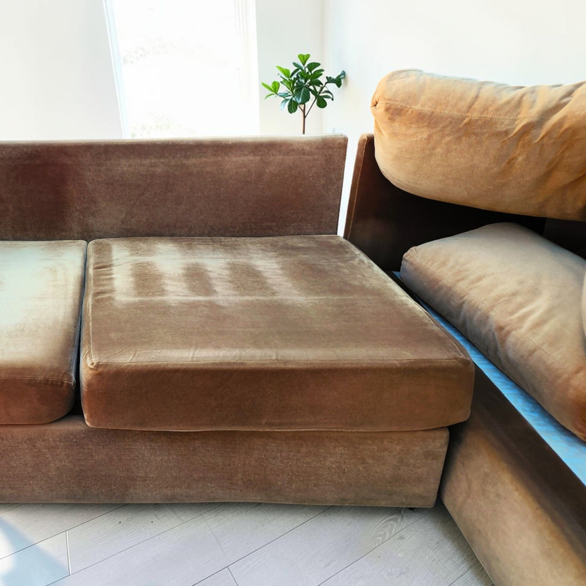 MCM Selig L-Shaped Sectional Sofa Playpen Style, Iconic Camel Velvet