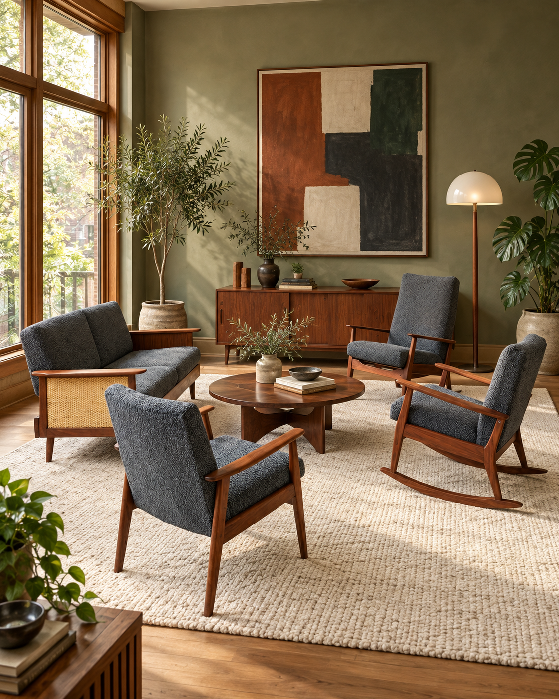 REFINISHED MCM Teak Loveseat Daybed & 3 Armchairs by Toothill, UK REUPHOLSTERED