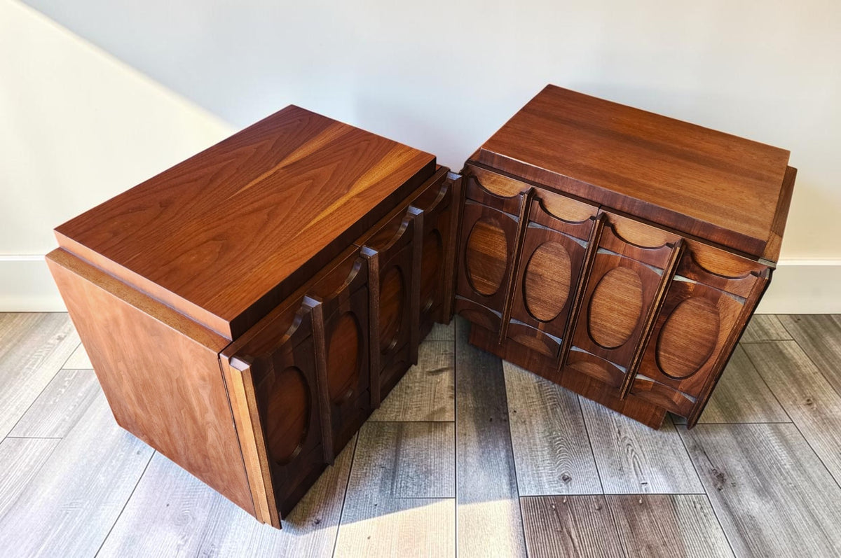 2 REFINISHED Mid Century Modern Walnut Brutalist Nightstands by Tobago