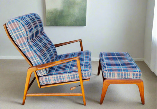 REFINISHED Danish MCM Walnut Lounge Chair Recliner & Ottoman by Ib Kofod Larsen for Selig