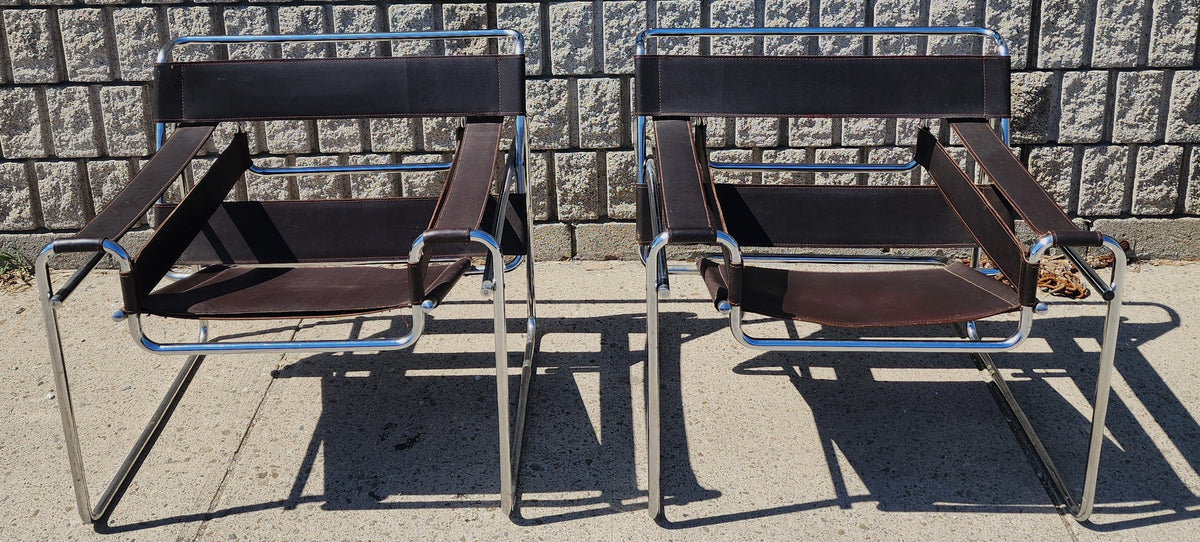 2 vintage Mid Century Modern Wassily chairs by Marcel Breuer for Knoll in brown leather