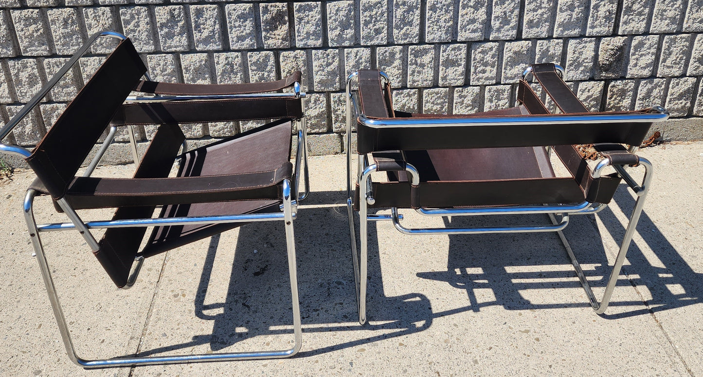 2 vintage Mid Century Modern Wassily chairs by Marcel Breuer for Knoll in brown leather