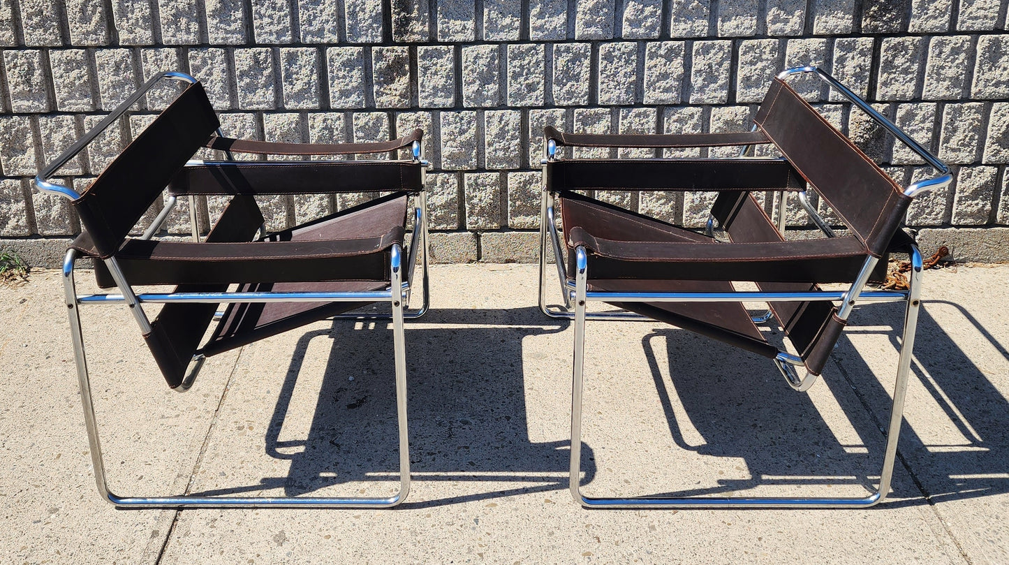 2 vintage Mid Century Modern Wassily chairs by Marcel Breuer for Knoll in brown leather