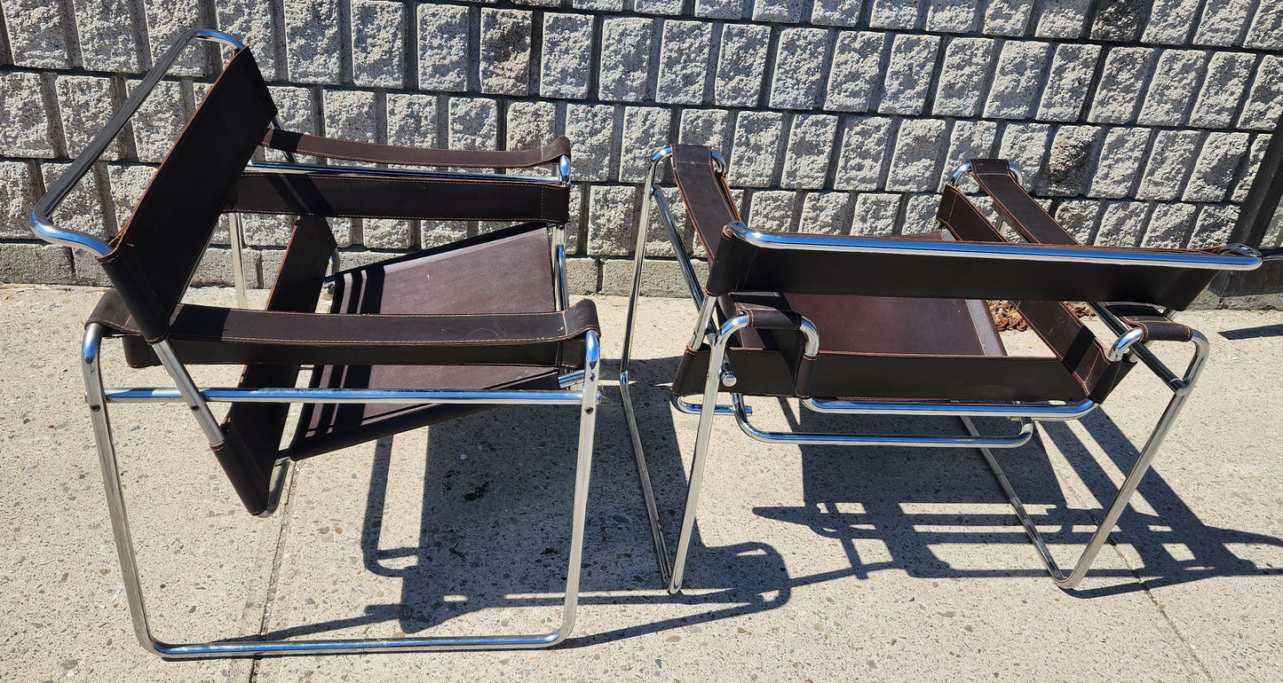 2 vintage Mid Century Modern Wassily chairs by Marcel Breuer for Knoll in brown leather