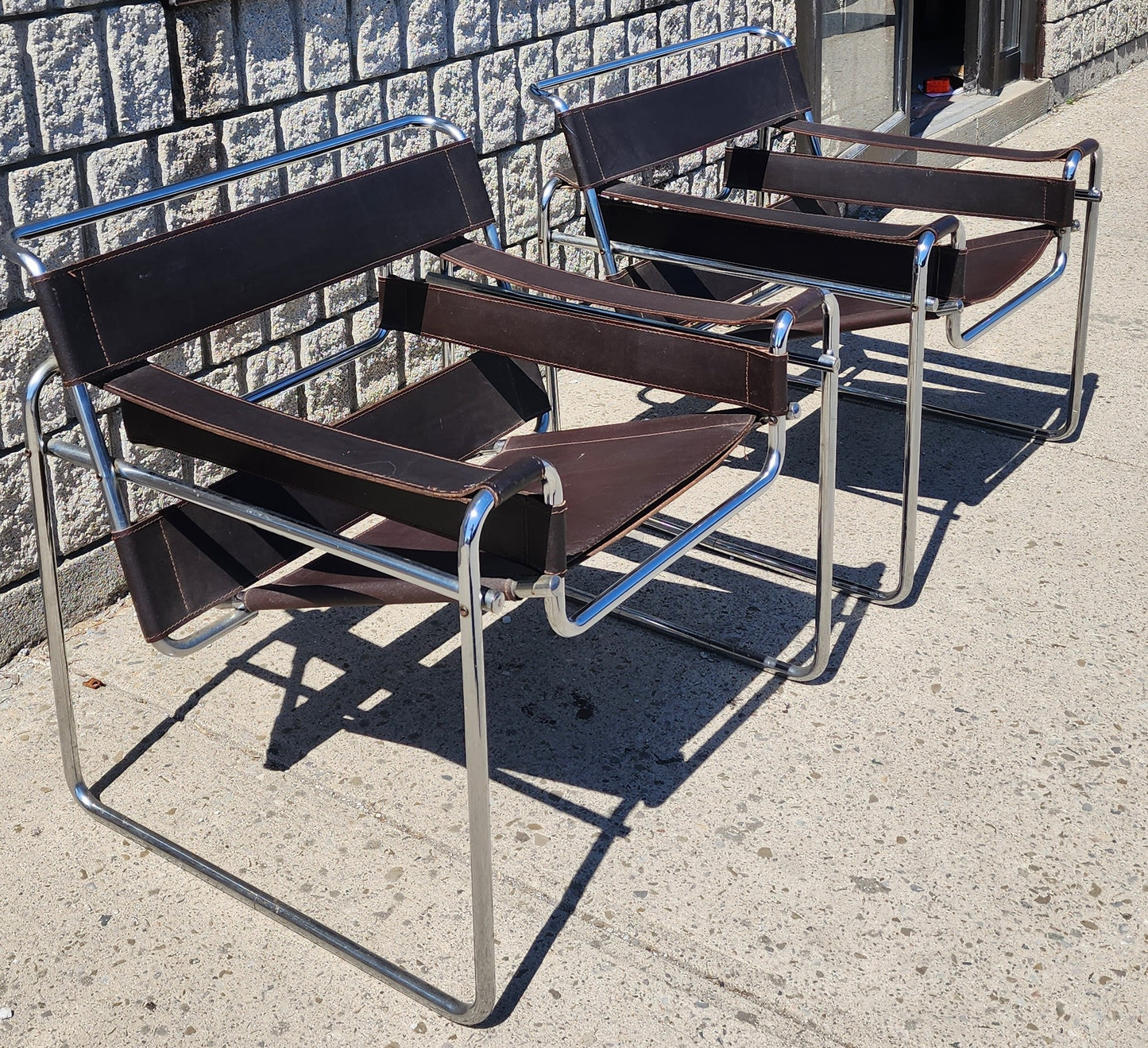 2 vintage Mid Century Modern Wassily chairs by Marcel Breuer for Knoll in brown leather